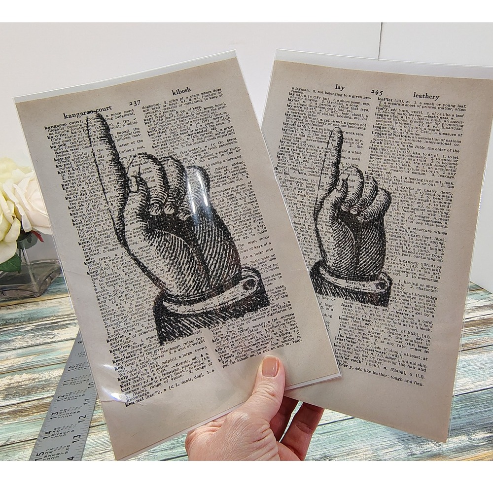 Pair‎ of Finger Pointing Vintage Dictionary Page Decor Eclectic Wall Set of 2